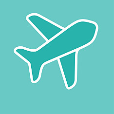 Ein schlichtes Flugzeugsymbol in Türkis vor einfarbig türkisfarbenem Hintergrund.