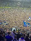 Die Profis des HSV stehen auf der Tribüne und wenden sich an die Fans.