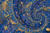 Blau-goldene Astrologie-Grafik mit Sternzeichen, Sternen und spiralförmigen Ornamenten.