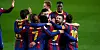 Die gesamte Mannschaft des FC Barcelona bejubeln ihren späten dritten Treffer im Rückspiel des Copa del Rey Halbfinals gegen den FC Sevilla. Nur dank des Tors zum 3:0 zogen die Blaugranas in das Finale ein.