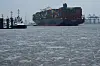 Ein Containerschiff fährt auf der mit Eisschollen bedeckten Elbe in den Hafen ein.