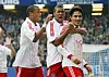 Die HSV-Profis Vincent Kompany, Jerome Boateng und Paolo Guerrero feiern 2008 ein Tor
