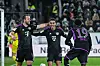 Harry Kane, Jamal Musiala und Alphonso Davies (FC Bayern München)