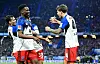 Nicolás Capaldo, Albert Sambi Lokonga, Alexander Røssing-Lelesiit und Luka Vuskovic bejubeln ein HSV-Tor