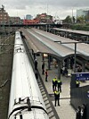 Bundespolizisten sperren den Bahnsteig am Hamburger Hauptbahnhof ab, um Platz für die Rettungskräfte zu schaffen.
