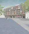 Geplante Straßenansicht des Gröninger Hofs mit moderner Fassade, Arkaden und wenigen Passanten.