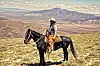 Ein Cowboy sitzt auf seinem Pferd in der Prärie - im Hintergrund sind Berge zu sehen.
