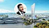 Eine Visualisierung des Elbtowers ist neben einem Porträt des Investors René Benko zu sehen