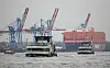 Hadag Fähren bei nebligem Wetter auf der Elbe. Im Hintergrund sieht man Hafen-Krähne.
