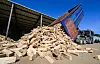 Ein LKW kippt kammergetrocknetes Brennholz auf einen Betriebshof. (Symbolbild)