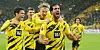 Der dreifache Vorlagengeber Giovanni Reyna und Erling Haaland jubeln mit Emre Can, dem Schützen des 2:0.
