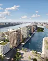 Visualisierung: Die neuen Gebäude in der Hafencity von außen.