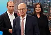 Peter Tschentscher (SPD), Dennis Thering (CDU) und Katharina Fegebank (Bündnis 90/Die Grünen) stehen nach der Wahl zur Hamburger Bürgerschaft im Congress Center Hamburg in einem Fernsehstudio.