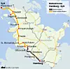 Eine digitale Karte, die den Verlauf der Marschbahnlinie von Hamburg nach Sylt zeigt.