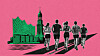 Grafische Darstellung einer eng laufenden Gruppe von Joggern vor stilisierten Hamburger Wahrzeichen wie Elbphilharmonie und Michel im pop-artigen Design.