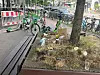 Müll liegt um einen Baum herum. Im Hintergrund sind umgeworfene E-Scooter zu sehen.