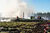 Mit Wasser löschen die Feuerwehrkräfte den Moorbrand.