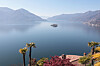Lago Maggiore in der Schweiz mit Bergen, ruhigem Wasser und Uferbewuchs im Vordergrund.