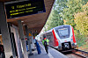 Anzeigetafel „S5 Elbgaustraße“ am Bahnsteig der S-Bahnstation Wilhelmsburg, daneben eine einfahrende S-Bahn.