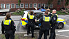 Mehrere Polizisten umringen einen Polizeiwagen mit Blaulicht vor einem Wohngebäude.