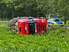 Roter Transporter liegt seitlich im Gras neben Holzstapel und blau-gelbem Einsatzwagen.