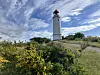 Weißer Leuchtturm mit roter Spitze auf einer Düne, umgeben von Gras und gelben Blumen unter blauem Himmel.