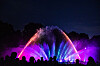 Farbige Wasserfontänen in der Nacht, davor silhouettenhafte Besucher bei Planten un Blomen.