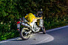 Beladenes Motorrad am Straßenrand neben dichter Vegetation auf einer kurvigen Landstraße.