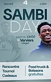 Plakat zum Sambi Day am 4. Juli in Verviers mit Treffpunkt, Turnier und kostenlosen Getränken.