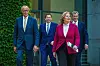 Merz, Klingbeil, Bas und Söder gehen nach dem Koalitionsausschuss im Kanzleramt zur Pressekonferenz.