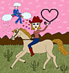 Reiterin auf Pferd vor rosa Himmel, darüber Cowboy in den Wolken und Herz in der Hand.