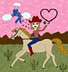Reiterin auf Pferd vor rosa Himmel, darüber Cowboy in den Wolken und Herz in der Hand.