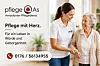 Pflegekraft unterstützt ältere Frau in heller Wohnung; links Logo von Pflege As und Telefonnummer 0176/56134955.