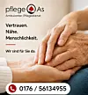 Hände von Pflegekraft und älterer Person, links Logo von „pflege As“ mit Kontaktnummer.