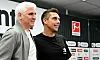 Andreas Bornemann und Marcel Rapp bei der Präsentation des neuen Trainers des FC St. Pauli in Hamburg.