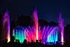Bunte Wasserfontänen beim Wasserlichtkonzert in Planten un Blomen, davor silhouettierte Besucher.
