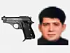 Schwarze Pistole links, verpixeltes Portrait einer Person rechts auf weißem Hintergrund.