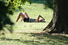 Frau sonnt sich auf einer Wiese im Clara-Zetkin-Park bei sommerlicher Hitze.