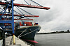 Container Terminal Altenwerder im Hamburger Hafen mit Kränen und Frachtschiff am Kai.