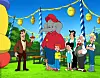 Benjamin Blümchen, Kinder und Erwachsene vor einer bunten Zoofest-Attraktion mit Hüpfburg und Lichterkette.
