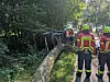 Umgekippter Wagen am Waldrand, Feuerwehrleute sichern die Unfallstelle bei Harsefeld.