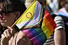 Teilnehmerin mit Regenbogenfahne beim CSD in Rostock in der Innenstadt.
