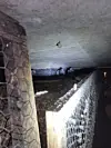 Zwei Personen arbeiten in einem engen Schacht mit Gitterwand, rauer Betondecke und starkem Licht.