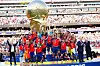 Spanische Spieler jubeln im Stadion vor der goldenen WM-Trophäe.