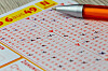 Nahaufnahme eines Lotto-6aus49-Spielscheins mit Kugelschreiber.