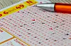 Nahaufnahme eines Lotto-6aus49-Spielscheins mit Kugelschreiber.