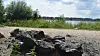 Felsiges Ufer mit Sand, Schilf und ruhigem See unter blauem Himmel.