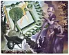 Abstrakte Collage mit grüner Form links und einer Figur rechts vor dunklem Hintergrund.