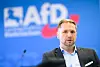 Stephan Bothe spricht vor blauem AfD-Hintergrund bei einem Interview.