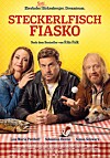 Drei Personen am Tisch vor gelbem Hintergrund, über ihnen der Titel „Steckerlfischfiasko“.